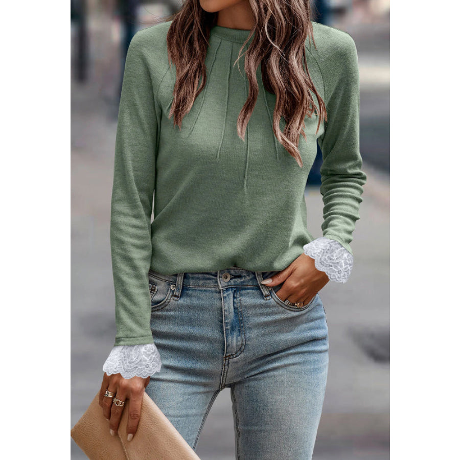 Lace Detail Round Neck Long Sleeve T-Shirt Sage / S Apparel and Accessories