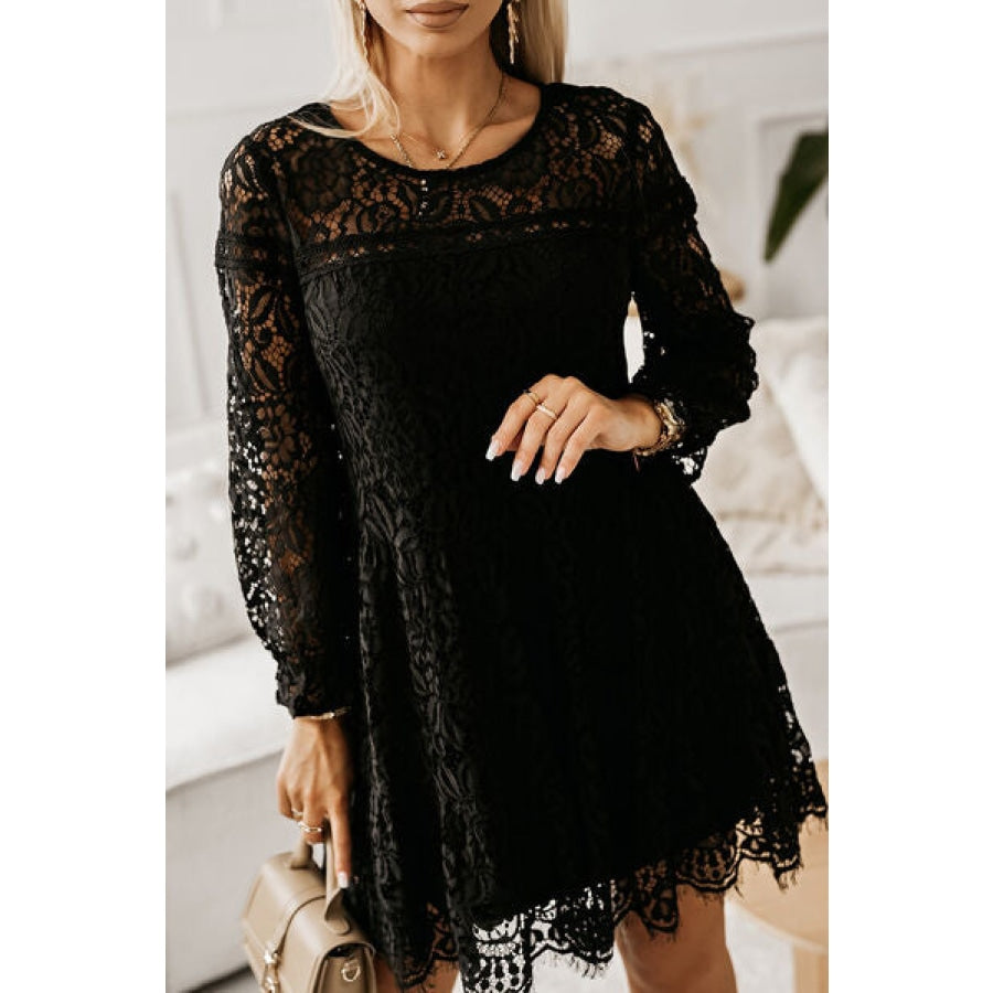 Lace Detail Round Neck Mini Dress Black / S Clothing