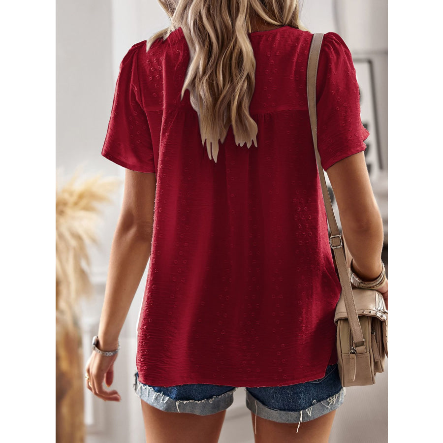 Lace Detail Round Neck Short Sleeve Blouse Apparel and Accessories