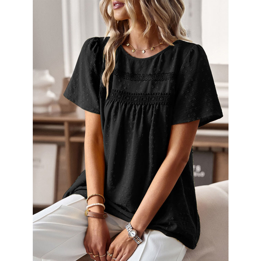 Lace Detail Round Neck Short Sleeve Blouse Apparel and Accessories