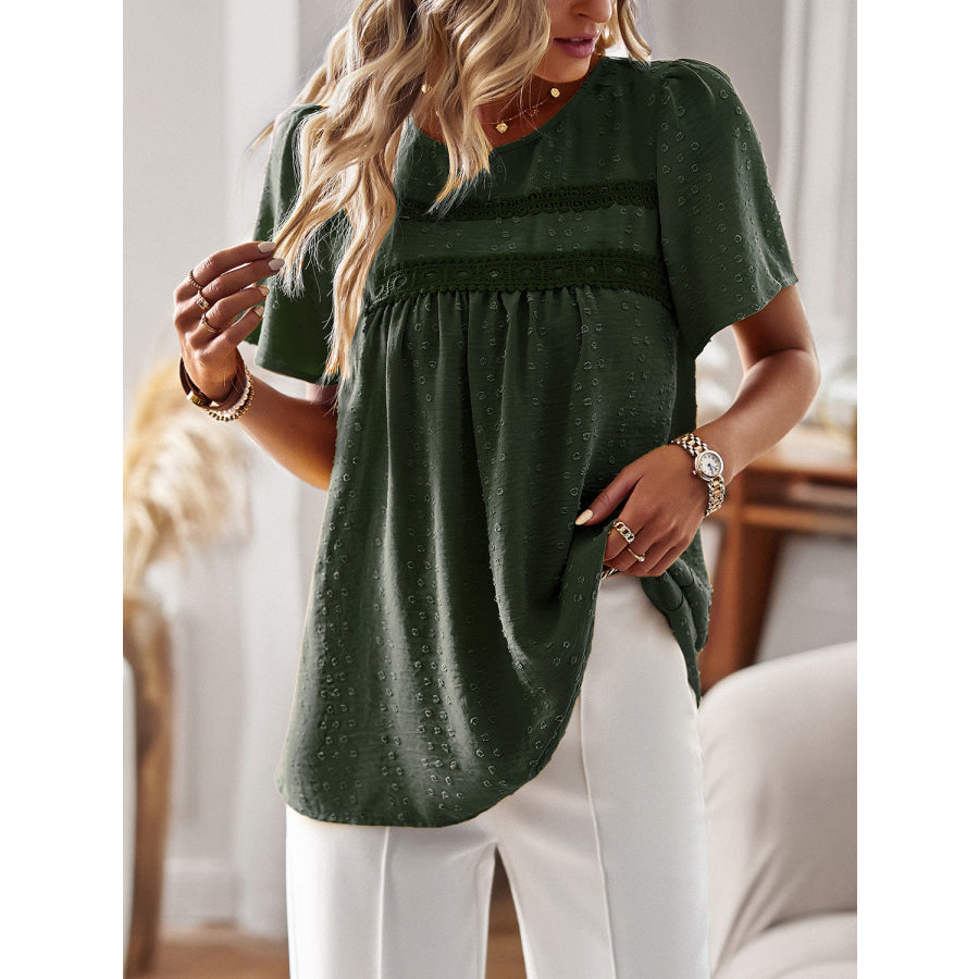 Lace Detail Round Neck Short Sleeve Blouse Apparel and Accessories