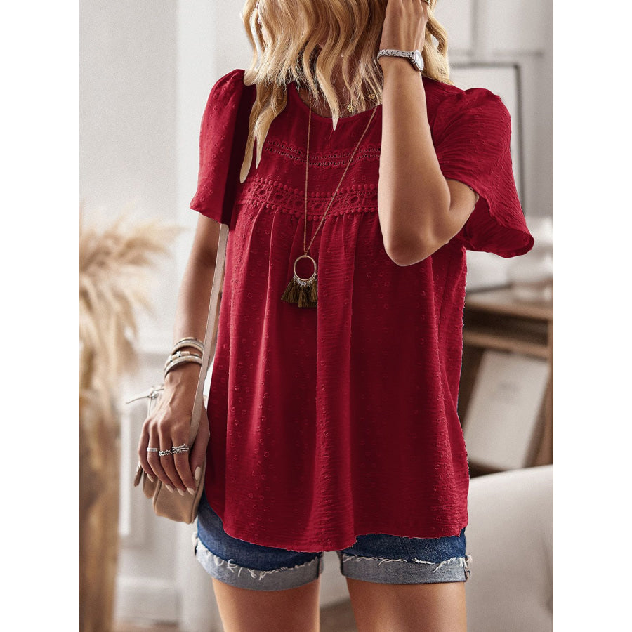 Lace Detail Round Neck Short Sleeve Blouse Apparel and Accessories