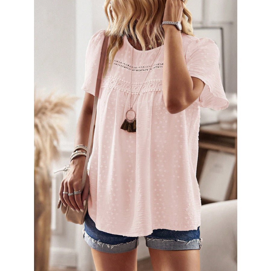 Lace Detail Round Neck Short Sleeve Blouse Apparel and Accessories