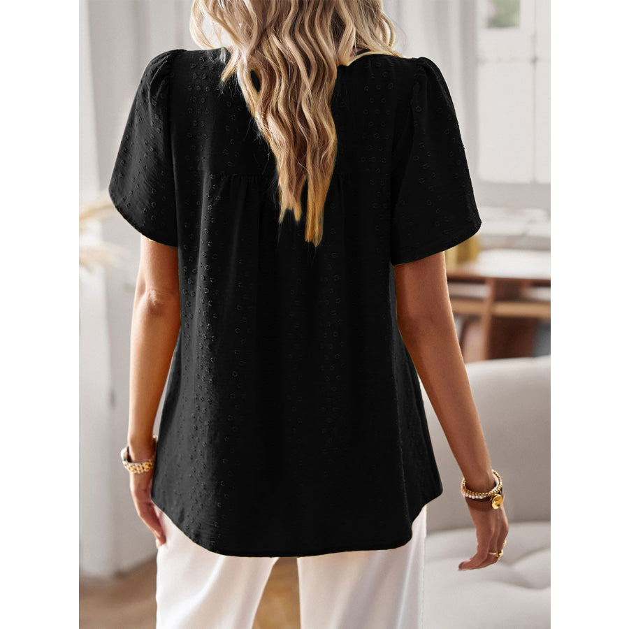 Lace Detail Round Neck Short Sleeve Blouse Apparel and Accessories