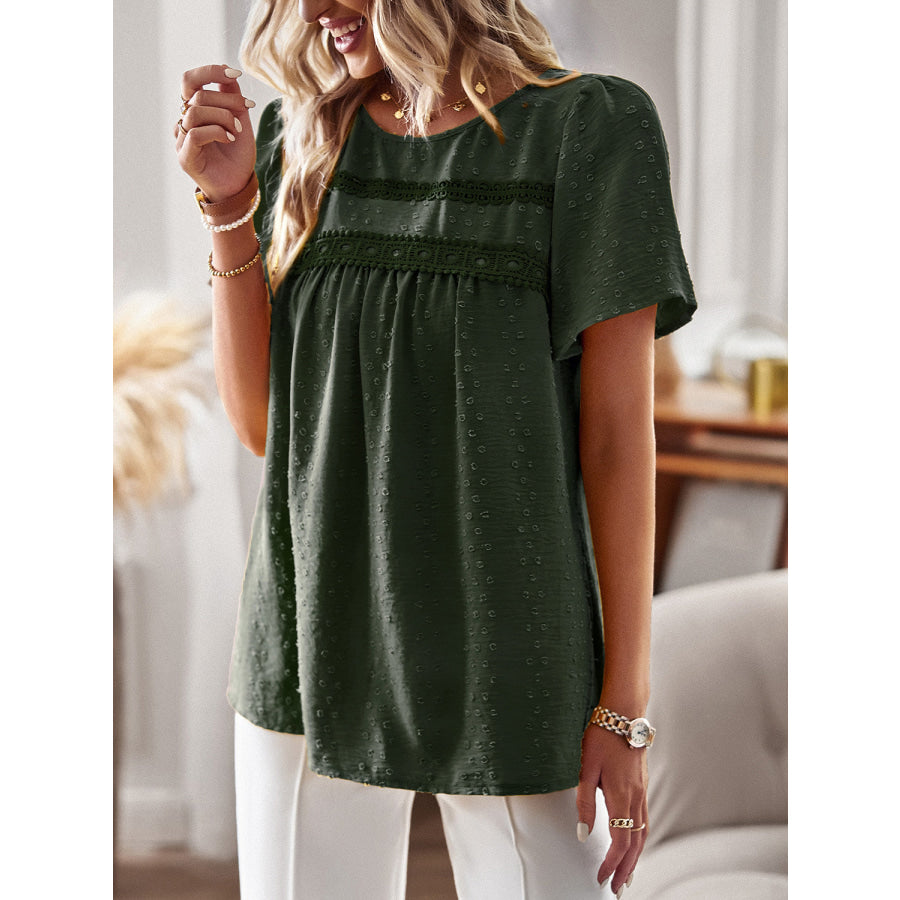 Lace Detail Round Neck Short Sleeve Blouse Apparel and Accessories