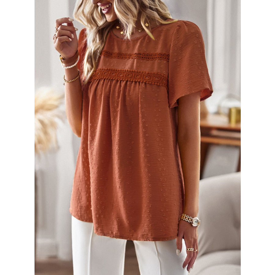 Lace Detail Round Neck Short Sleeve Blouse Apparel and Accessories