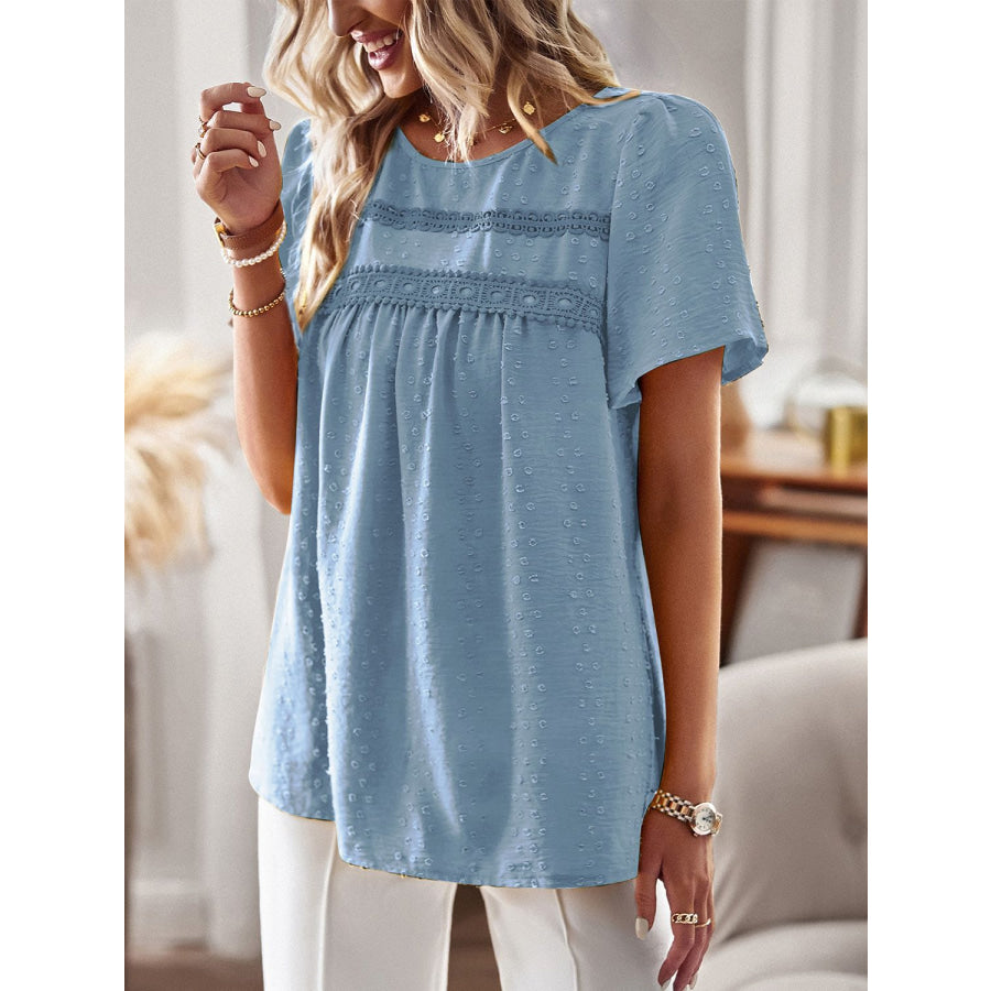 Lace Detail Round Neck Short Sleeve Blouse Apparel and Accessories