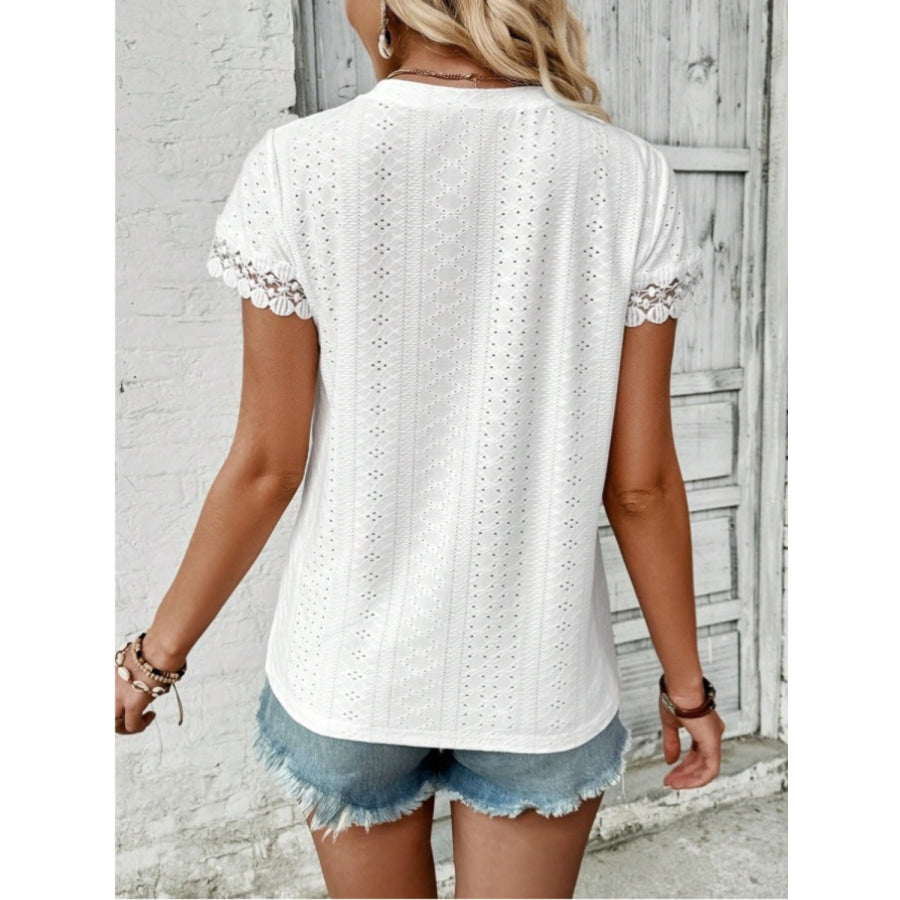 Lace Detail Round Neck Short Sleeve Blouse White / S Apparel and Accessories