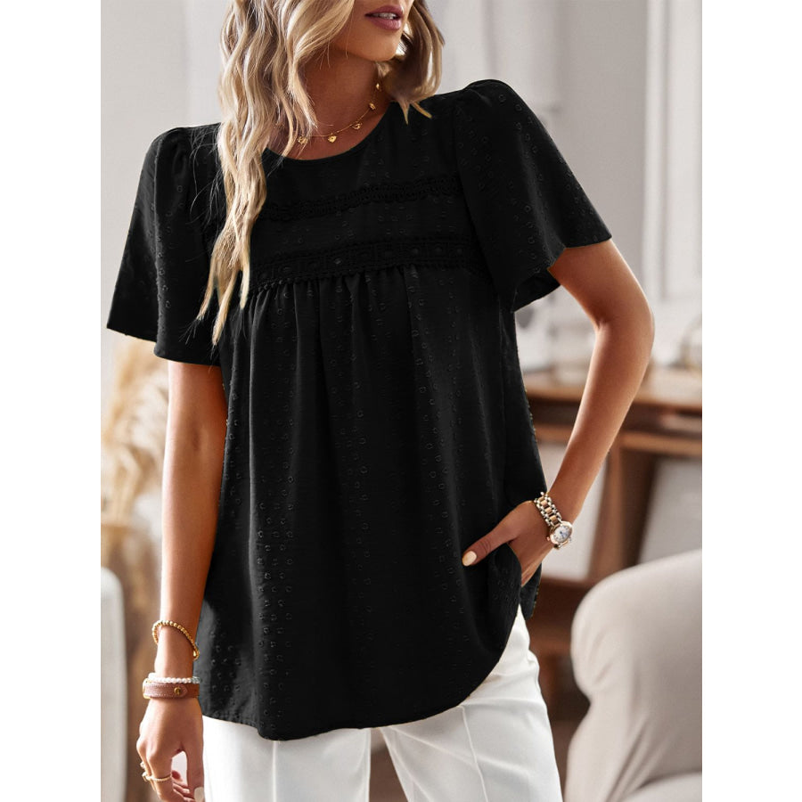 Lace Detail Round Neck Short Sleeve Blouse Black / S Apparel and Accessories