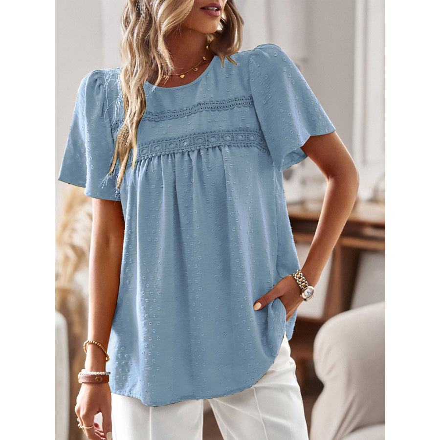 Lace Detail Round Neck Short Sleeve Blouse Light Blue / S Apparel and Accessories