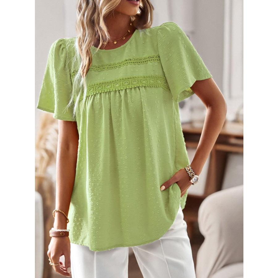 Lace Detail Round Neck Short Sleeve Blouse Lime / S Apparel and Accessories