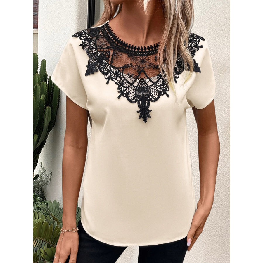 Lace Detail Round Neck Short Sleeve Blouse Sand / S Apparel and Accessories