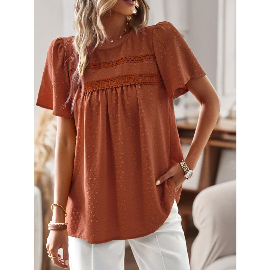 Lace Detail Round Neck Short Sleeve Blouse Terracotta / S Apparel and Accessories