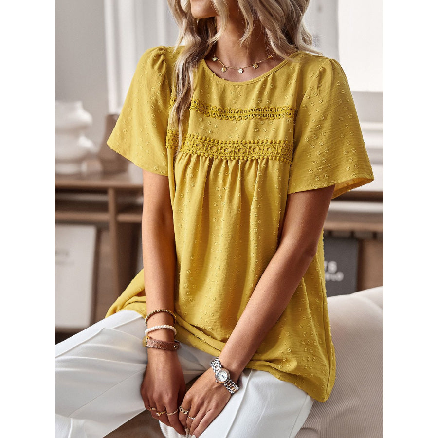 Lace Detail Round Neck Short Sleeve Blouse Yellow / S Apparel and Accessories