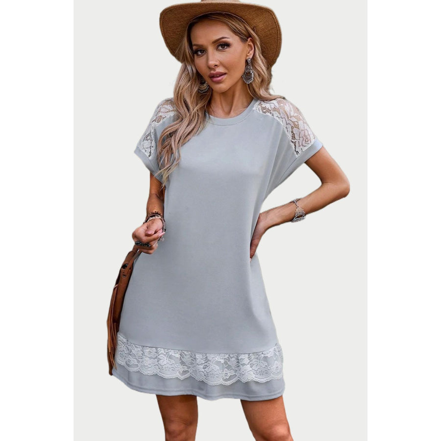 Lace Detail Round Neck Short Sleeve Dress Apparel and Accessories