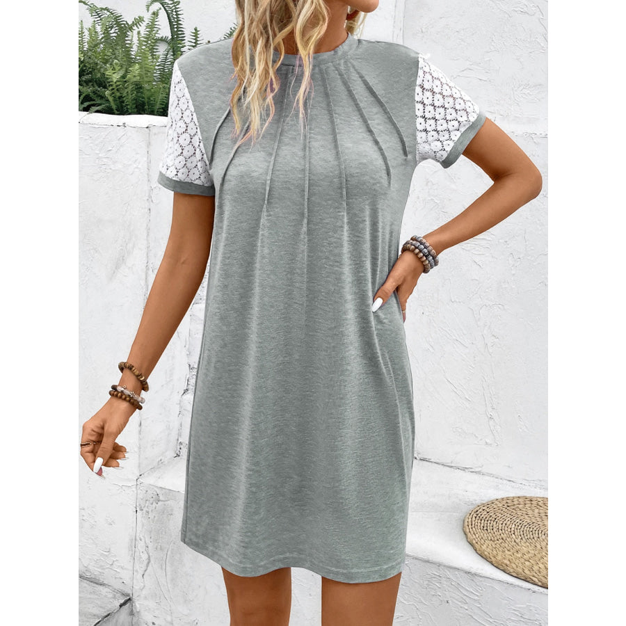 Lace Detail Round Neck Short Sleeve Mini Dress Apparel and Accessories