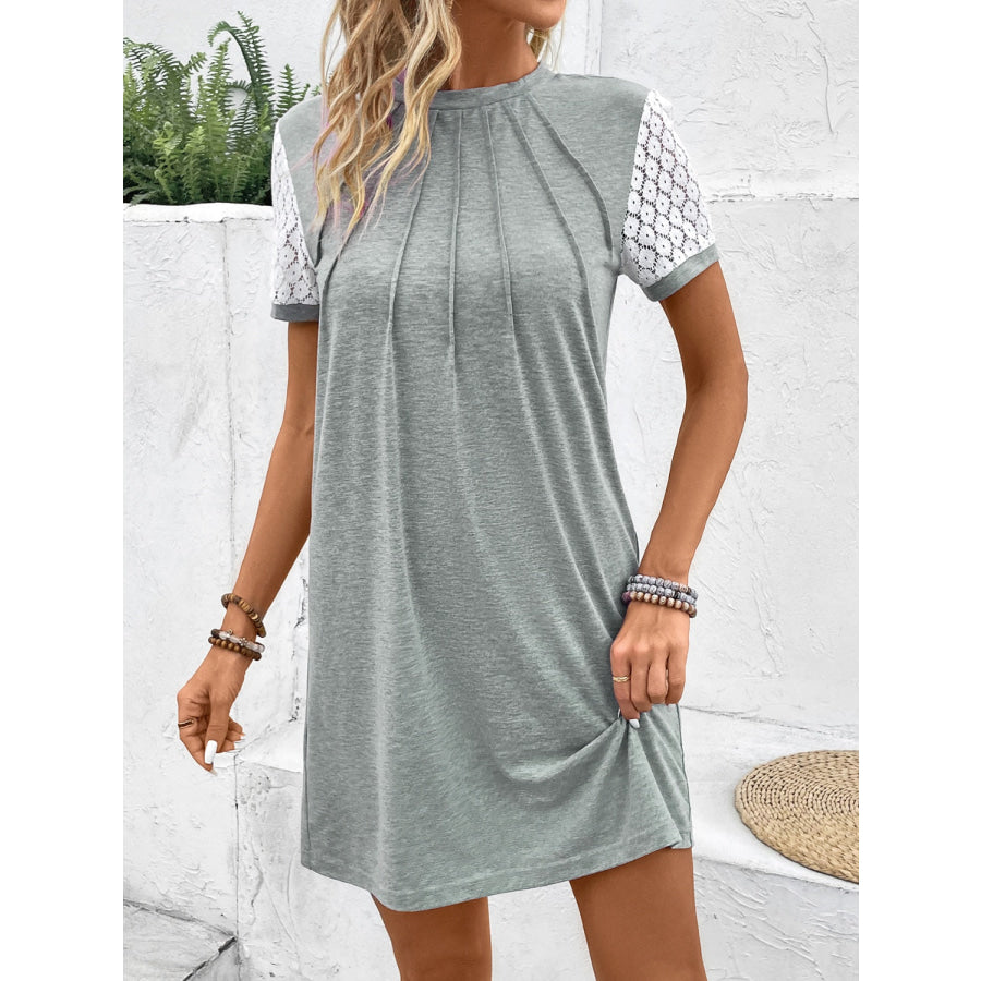 Lace Detail Round Neck Short Sleeve Mini Dress Apparel and Accessories
