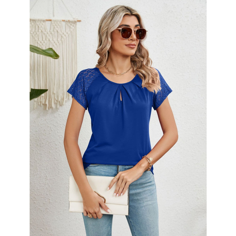 Lace Detail Round Neck Short Sleeve T - Shirt Apparel and Accessories