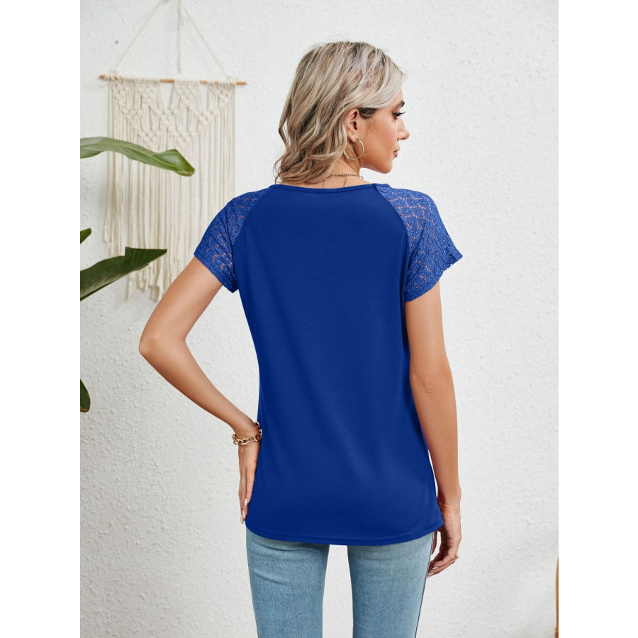 Lace Detail Round Neck Short Sleeve T - Shirt Royal Blue / S Apparel and Accessories