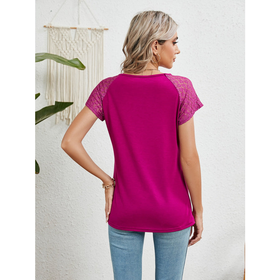 Lace Detail Round Neck Short Sleeve T - Shirt Apparel and Accessories