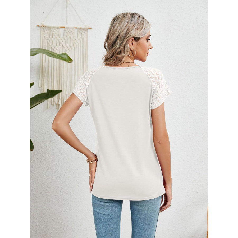 Lace Detail Round Neck Short Sleeve T - Shirt Apparel and Accessories