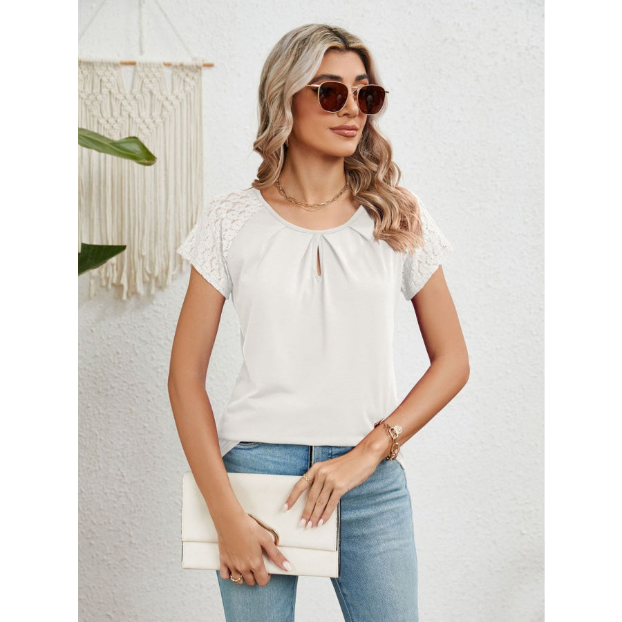 Lace Detail Round Neck Short Sleeve T - Shirt Apparel and Accessories