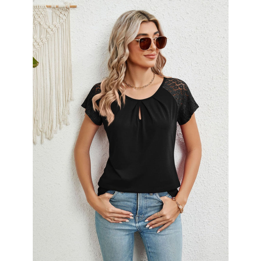Lace Detail Round Neck Short Sleeve T - Shirt Apparel and Accessories