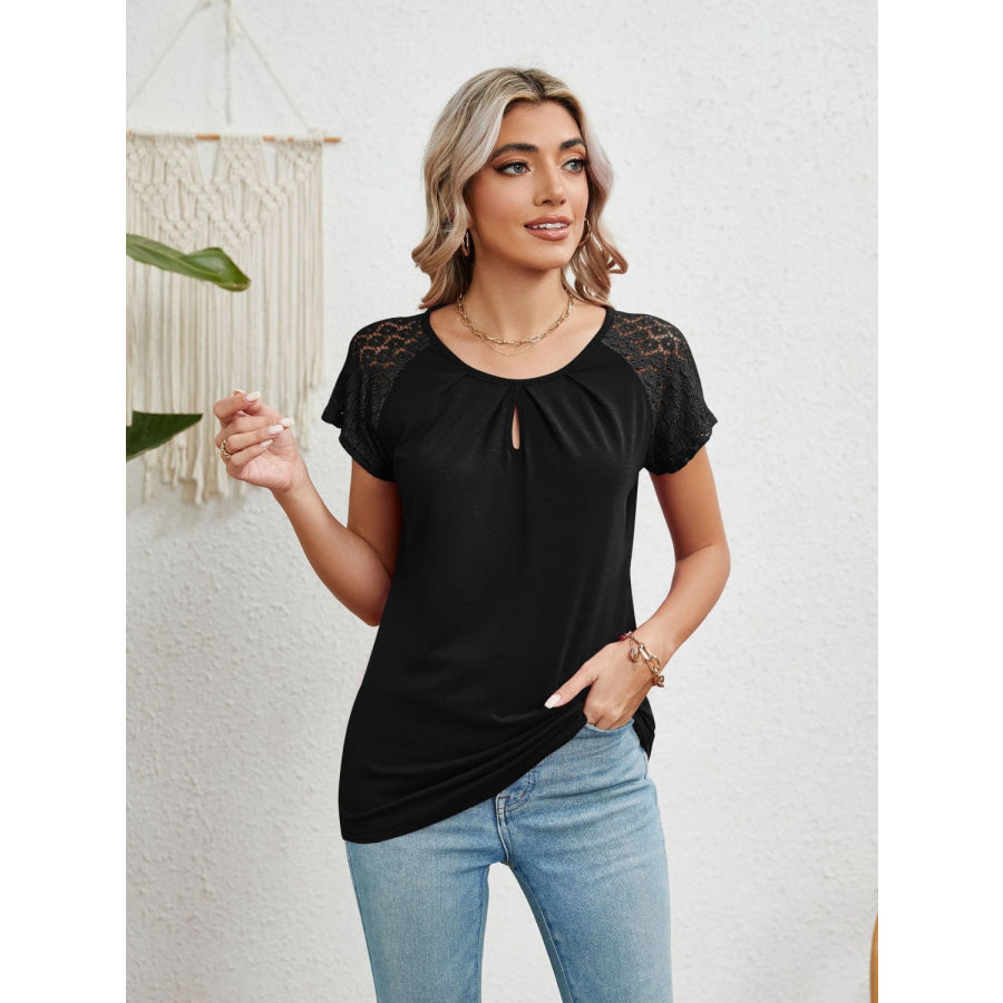 Lace Detail Round Neck Short Sleeve T - Shirt Black / S Apparel and Accessories