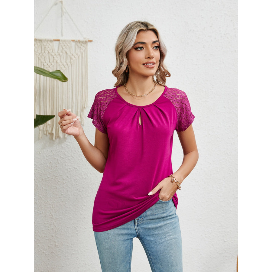 Lace Detail Round Neck Short Sleeve T - Shirt Cerise / S Apparel and Accessories