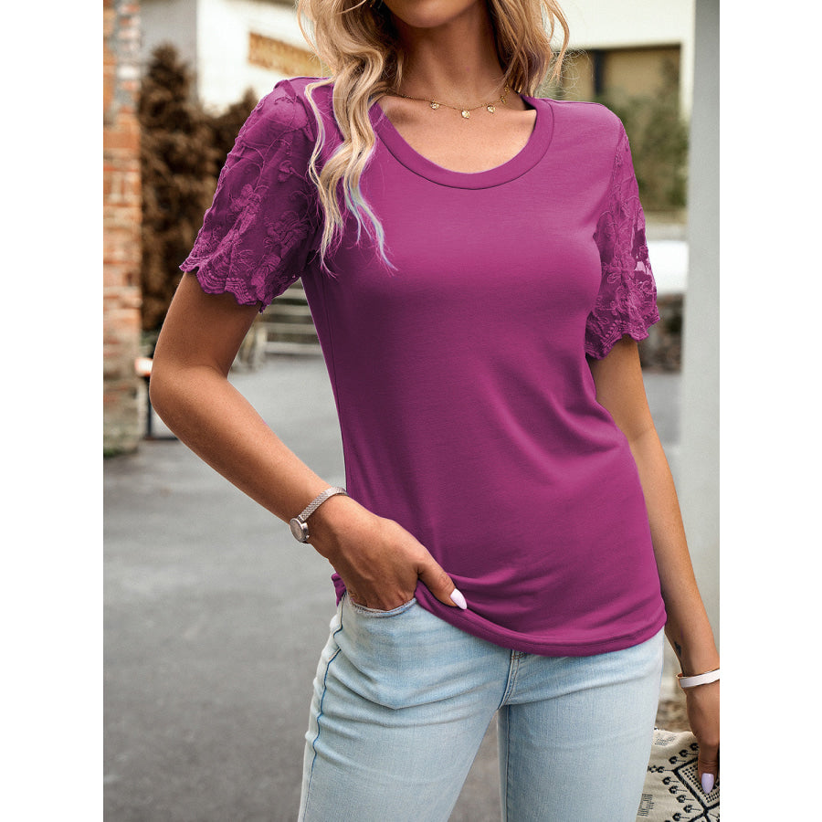 Lace Detail Round Neck Short Sleeve T-Shirt Magenta / S Apparel and Accessories