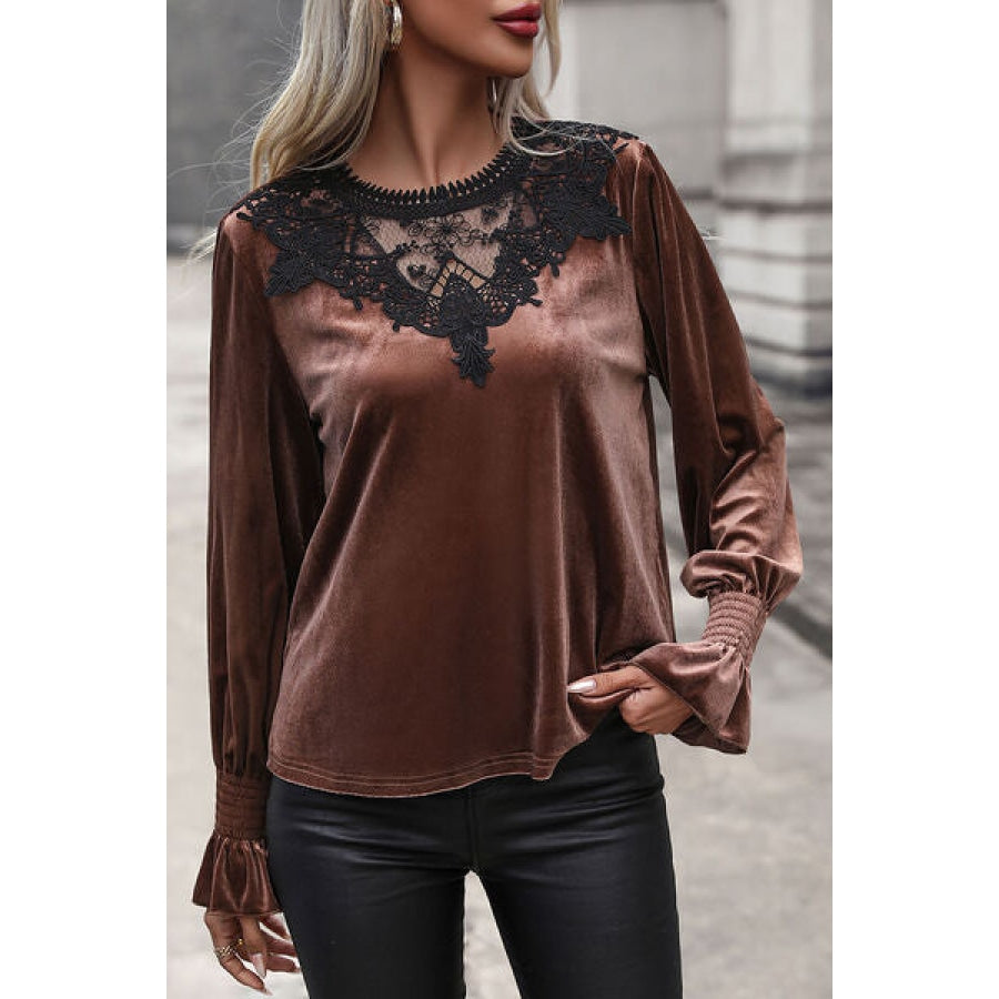 Lace Detail Round Neck Smocked Flounce Sleeve Blouse Clothing