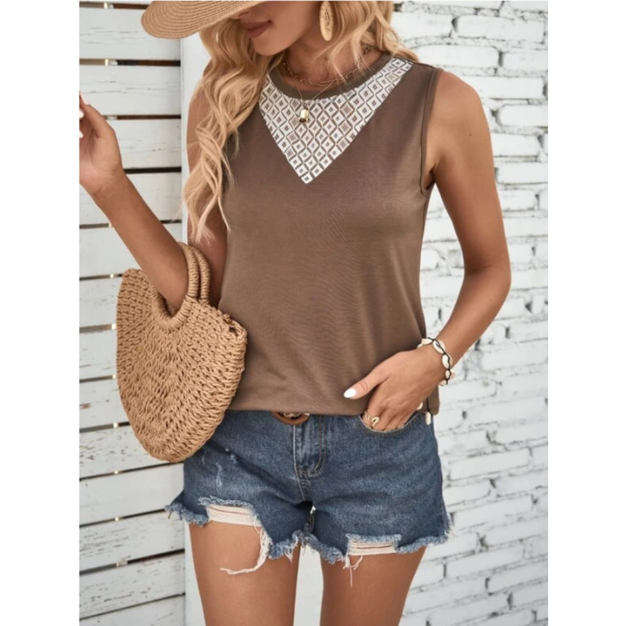 Lace Detail Round Neck Tank Apparel and Accessories