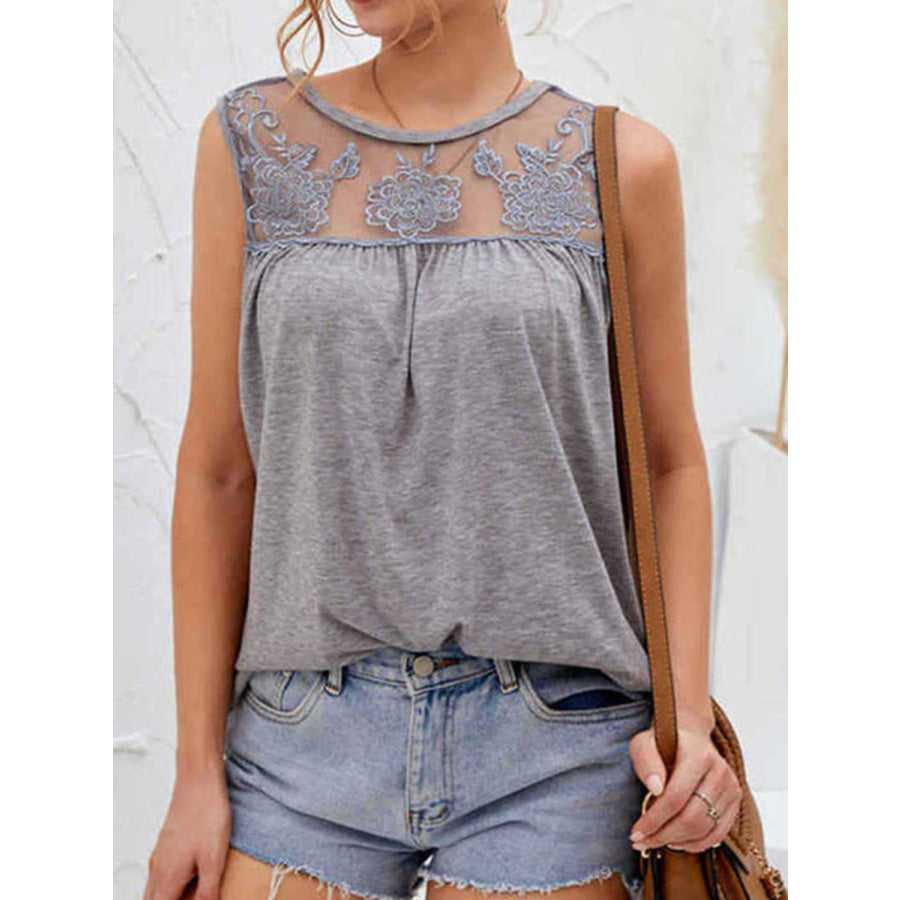 Lace Detail Round Neck Tank Heather Gray / S Apparel and Accessories