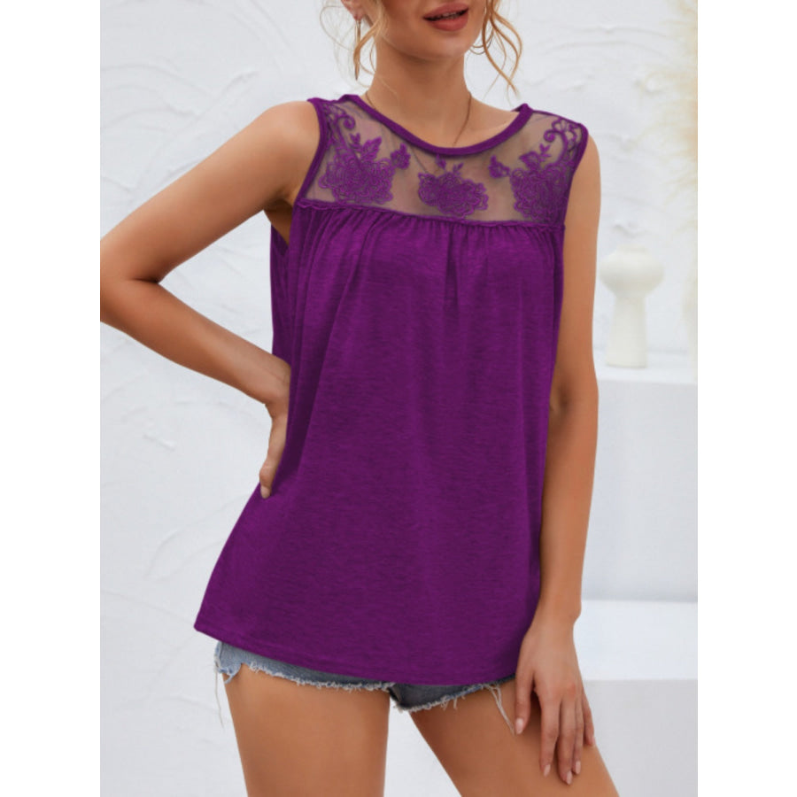 Lace Detail Round Neck Tank Plum / S Apparel and Accessories