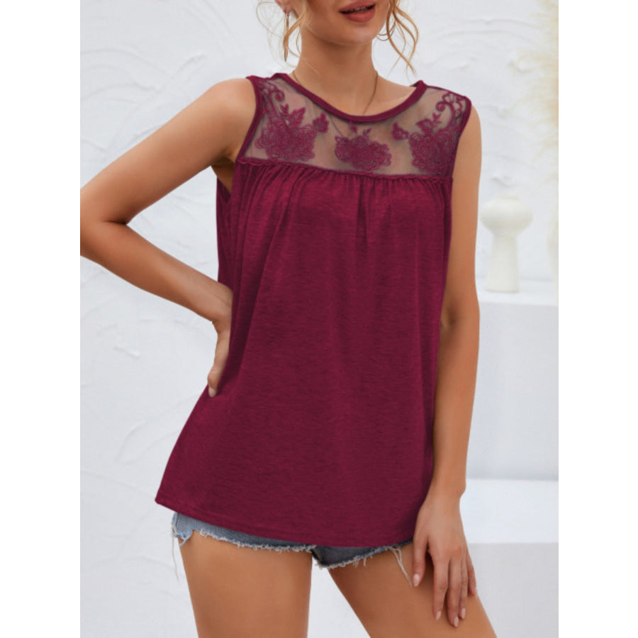 Lace Detail Round Neck Tank Wine / S Apparel and Accessories