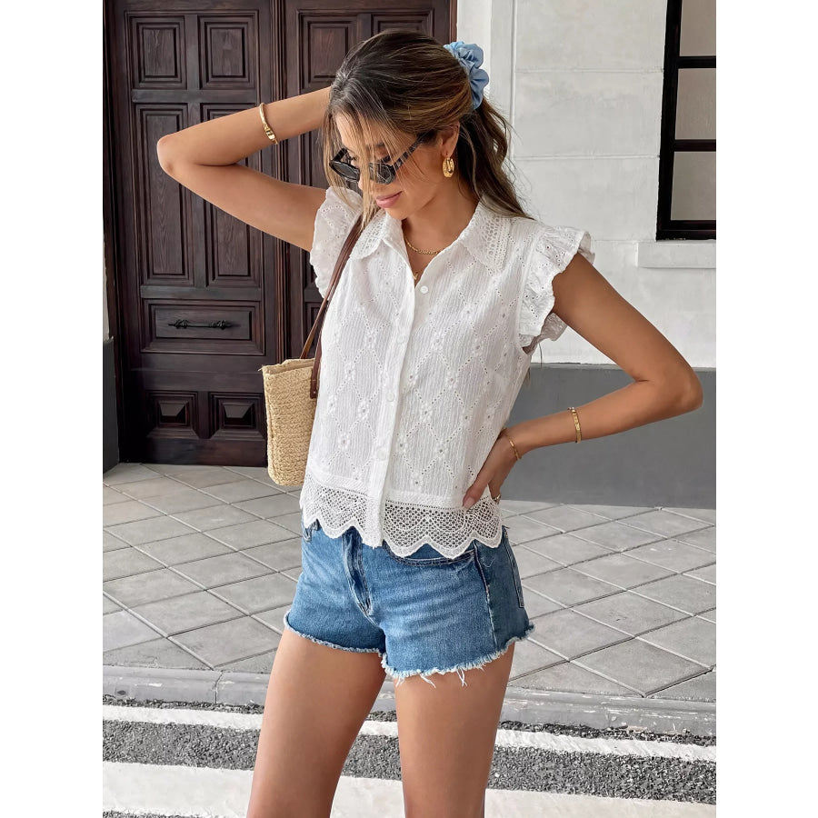 Lace Detail Ruffle Sleeve Button Up Shirt Apparel and Accessories