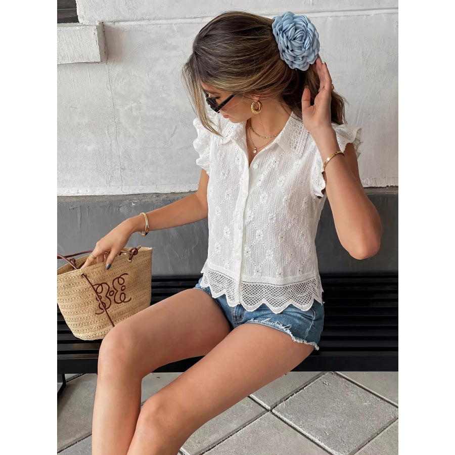 Lace Detail Ruffle Sleeve Button Up Shirt Apparel and Accessories