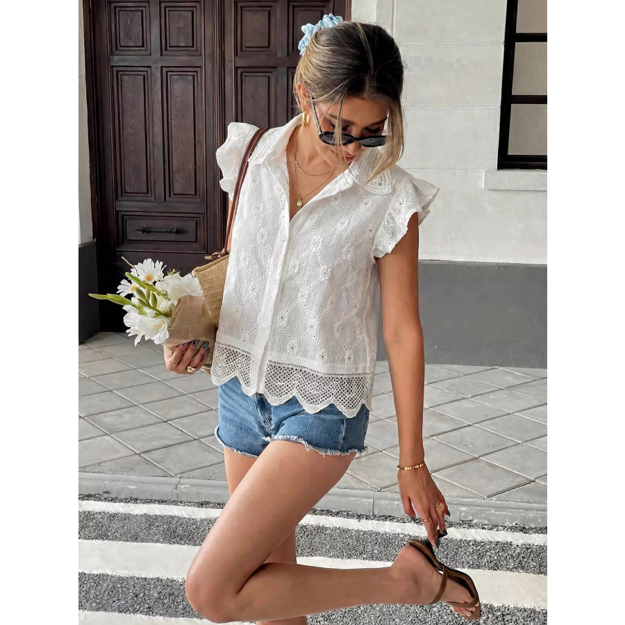 Lace Detail Ruffle Sleeve Button Up Shirt Apparel and Accessories