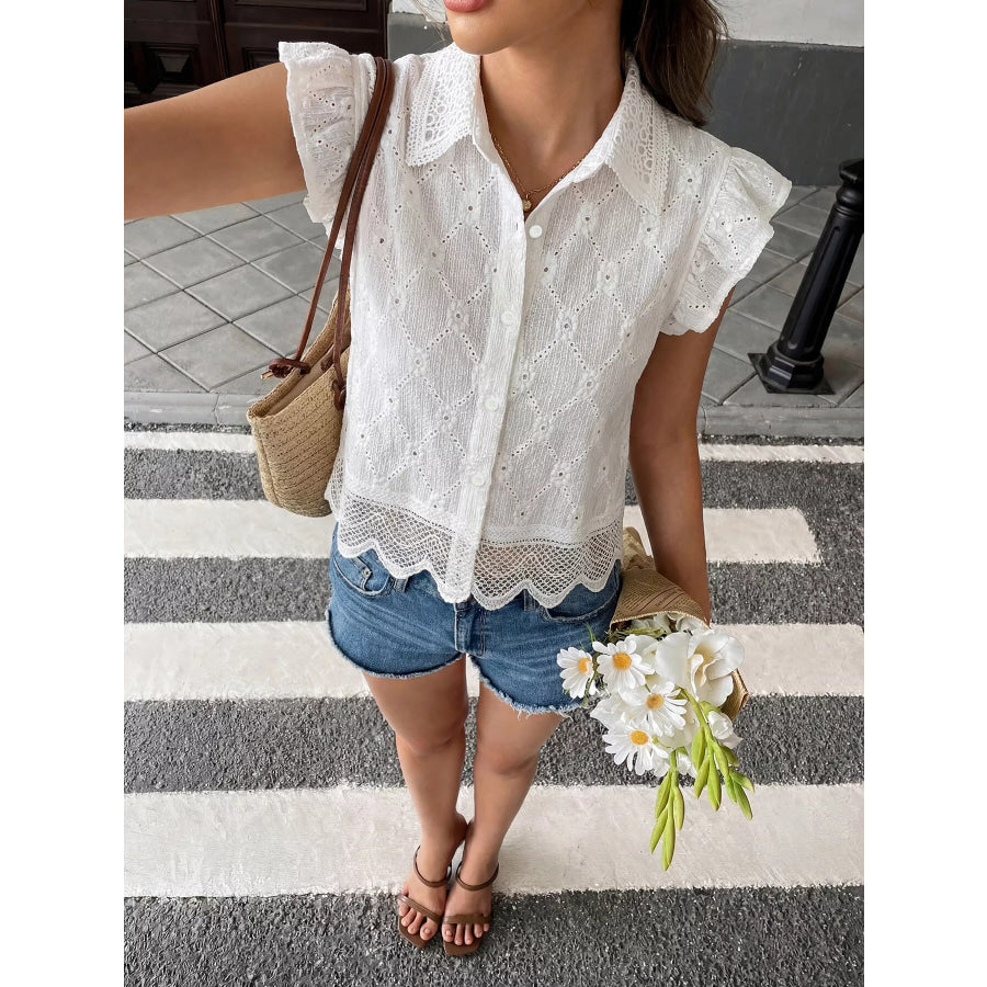 Lace Detail Ruffle Sleeve Button Up Shirt White / S Apparel and Accessories