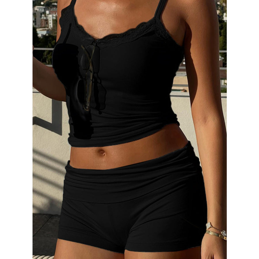 Lace Detail Scoop Neck Cami and Shorts Set Black / S Apparel and Accessories