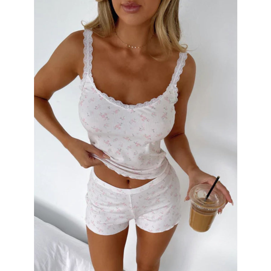 Lace Detail Scoop Neck Printed Cami and Shorts Set Apparel and Accessories