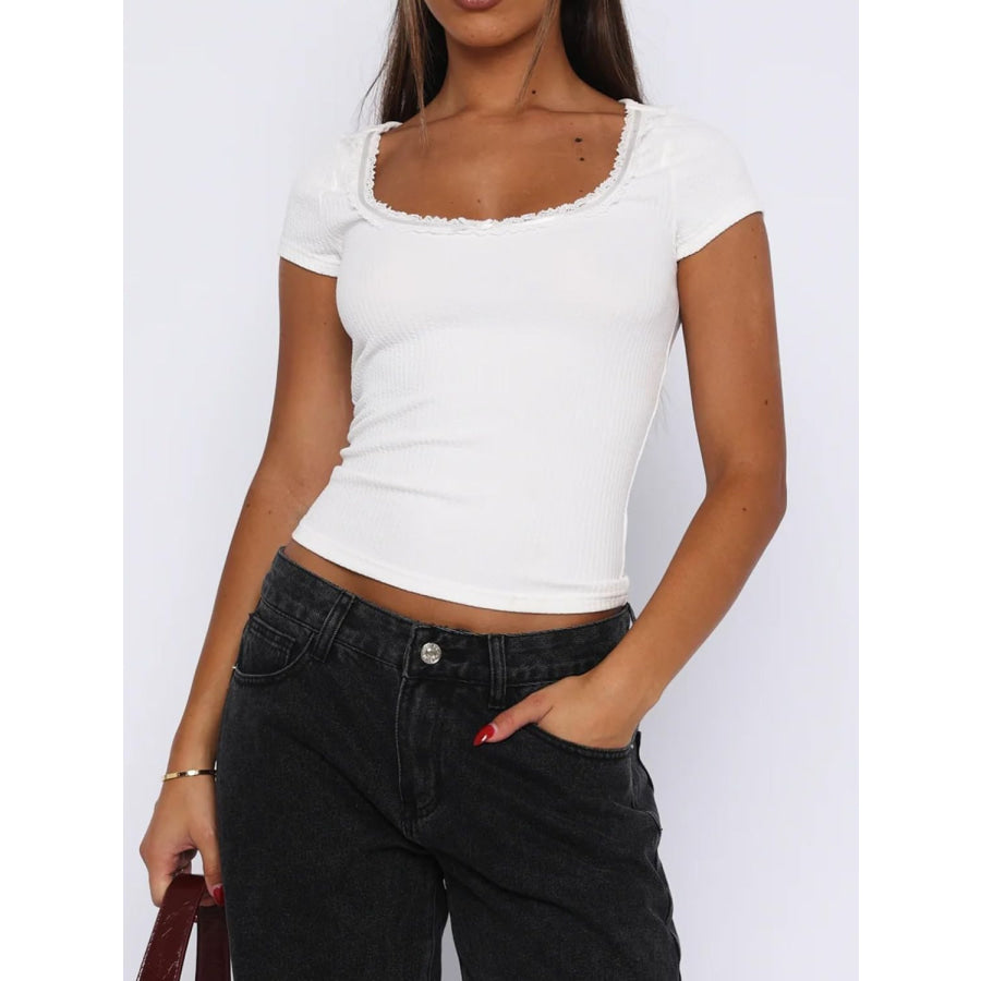 Lace Detail Scoop Neck Short Sleeve T-Shirt Apparel and Accessories