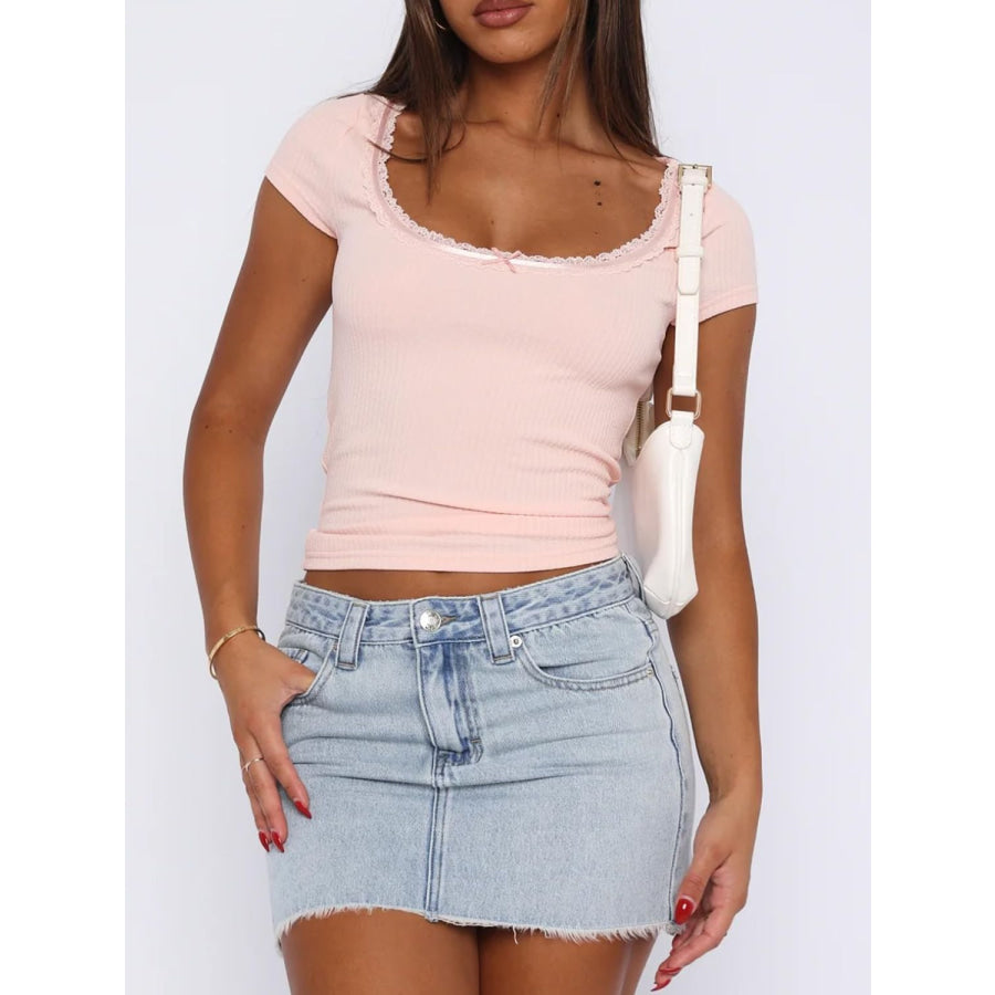 Lace Detail Scoop Neck Short Sleeve T-Shirt Apparel and Accessories