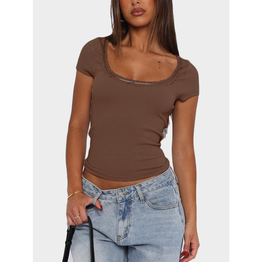 Lace Detail Scoop Neck Short Sleeve T-Shirt Brown / S Apparel and Accessories