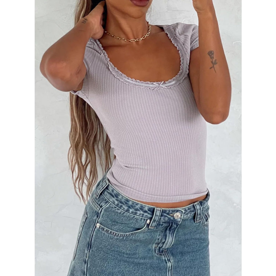 Lace Detail Scoop Neck Short Sleeve T-Shirt Pink Purple / S Apparel and Accessories