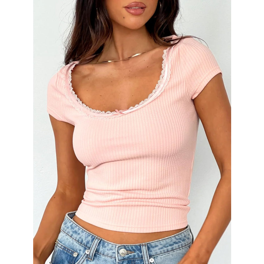 Lace Detail Scoop Neck Short Sleeve T-Shirt Watermelon pink / S Apparel and Accessories