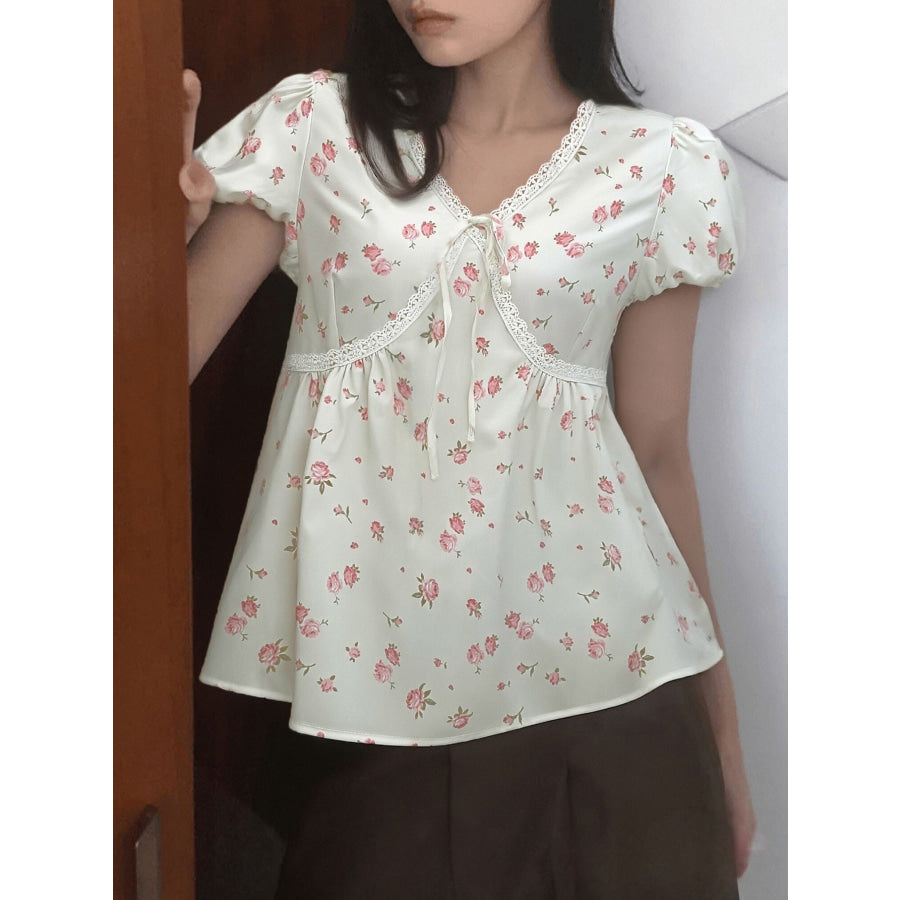 Lace Detail Short Sleeve Blouse Apparel and Accessories