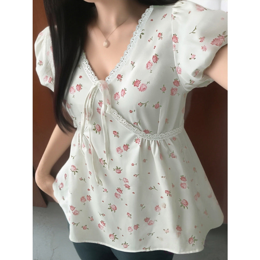 Lace Detail Short Sleeve Blouse Apparel and Accessories