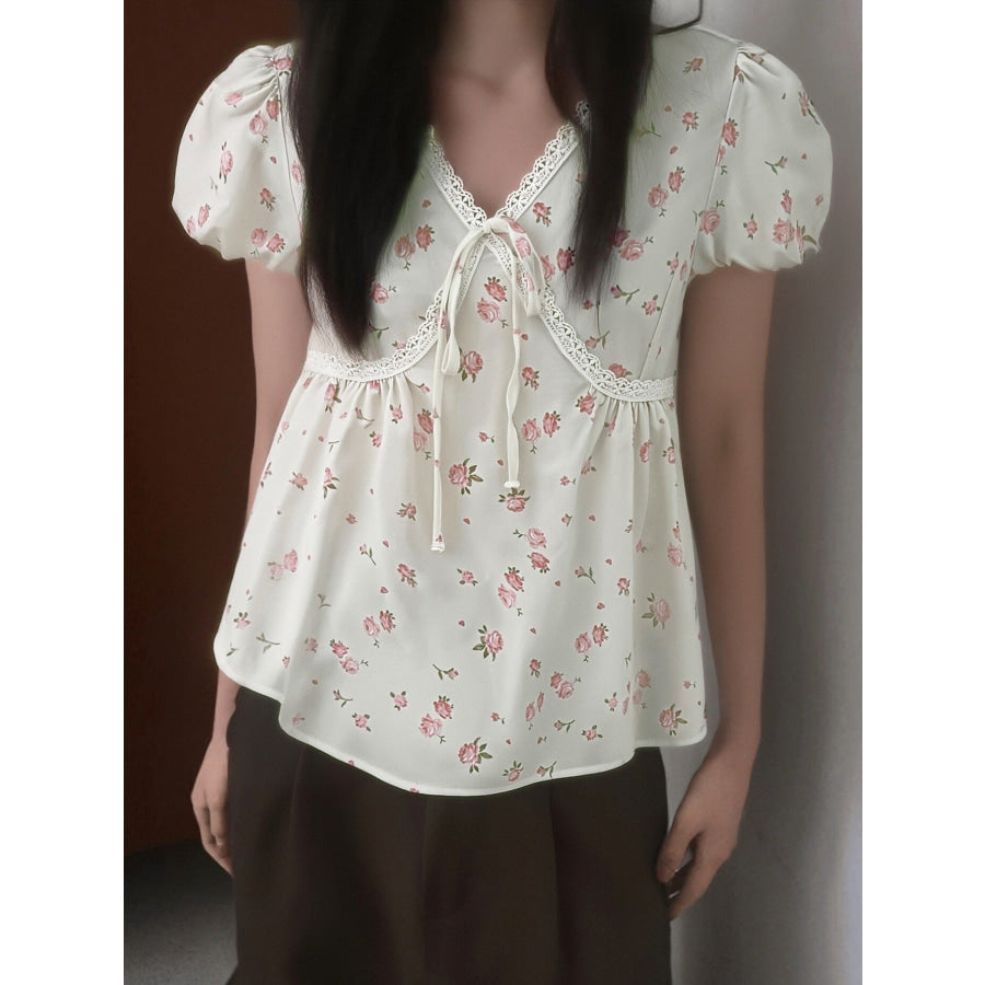 Lace Detail Short Sleeve Blouse White / S Apparel and Accessories