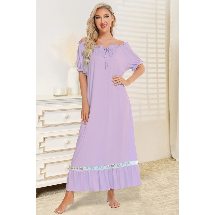 Lace Detail Short Sleeve Lounge Dress Lilac / S Apparel and Accessories